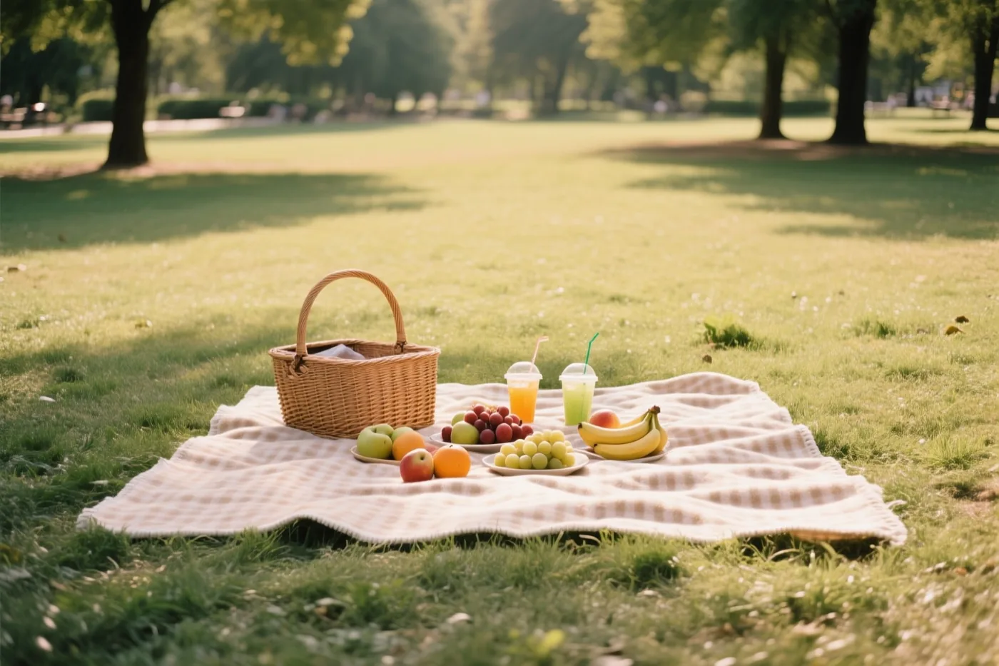 Een rieten mand, verschillende soorten fruit en drankjes staan op een geruit deken in een park met groen gras en bomen in warm goudkleurig zonlicht.