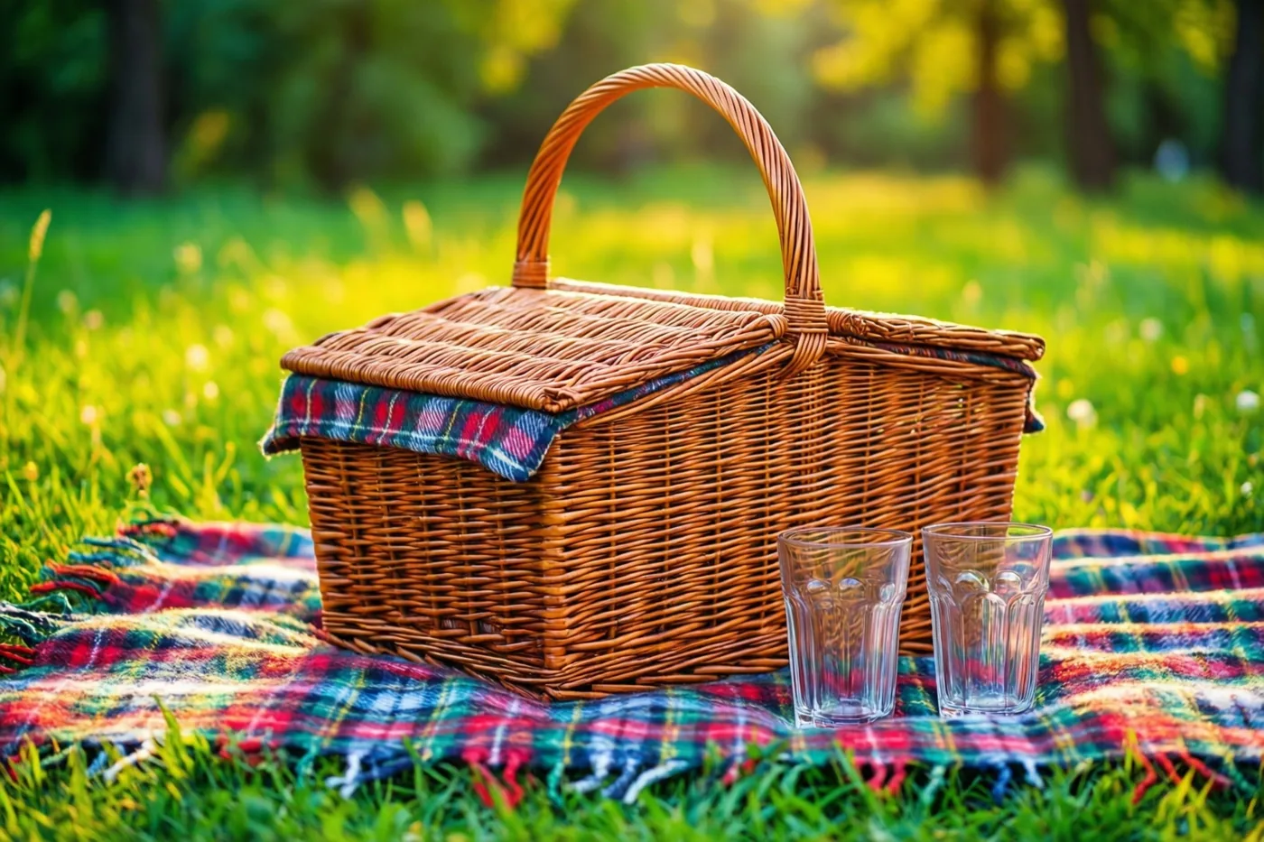 Een rieten picknickmand met een geruite deken en twee glazen staat op groen gras in een zonnige omgeving.