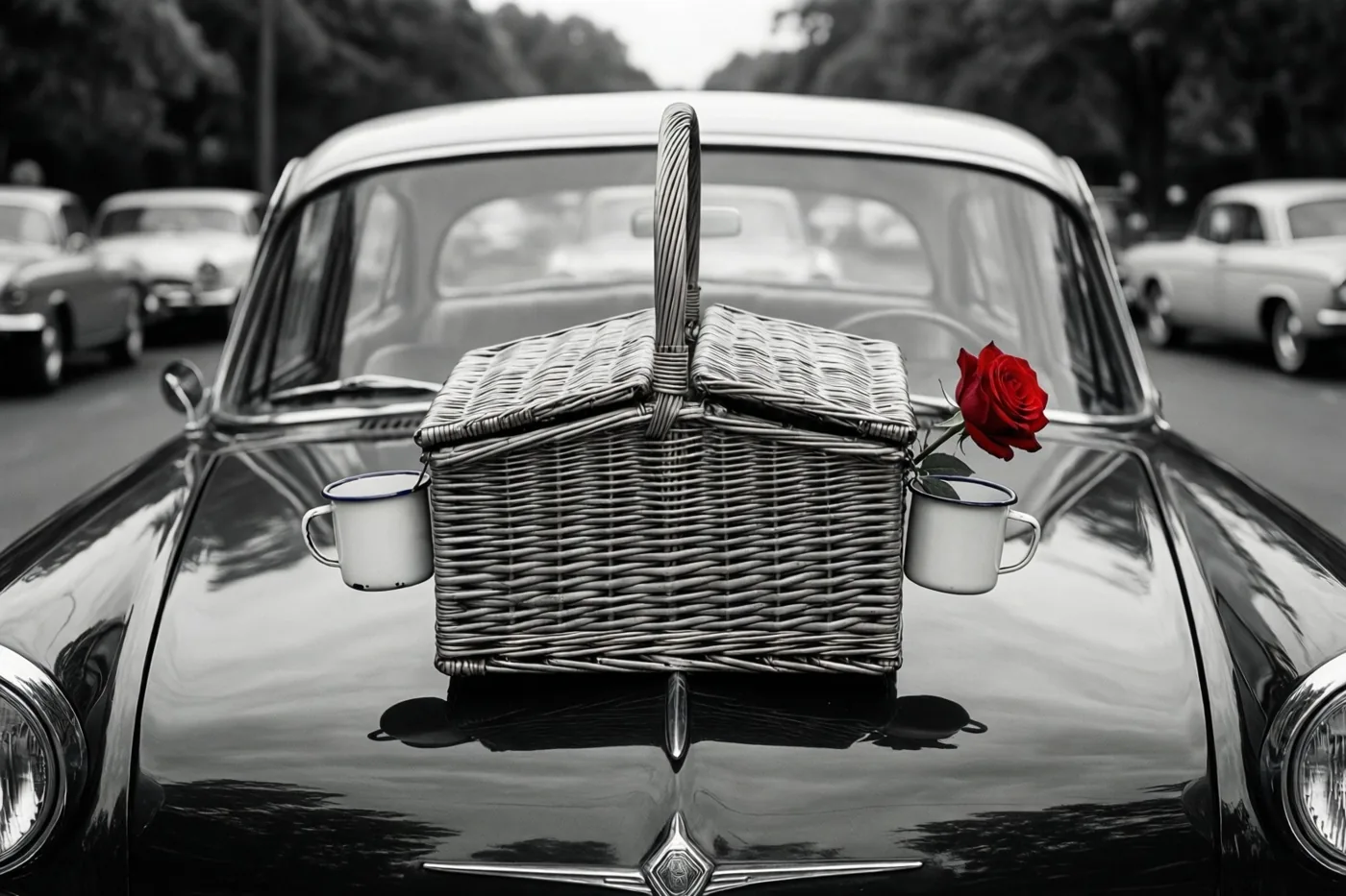 Een rieten picknickmand met twee geëmailleerde kopjes en een rode roos staat op de motorkap van een klassieke zwarte auto uit de jaren zestig, in een zwart-witbeeld waarin alleen de roos kleur heeft.