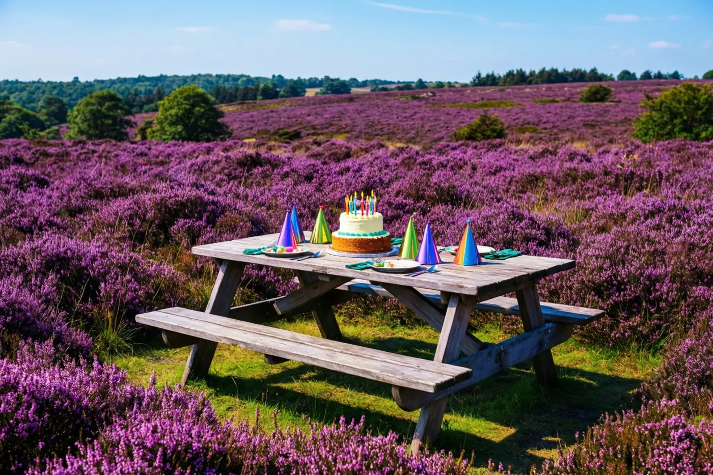 Een houten picknicktafel met een verjaardagstaart en kleurrijke feesthoedjes staat op een uitgestrekte paarse heide onder een helderblauwe hemel.