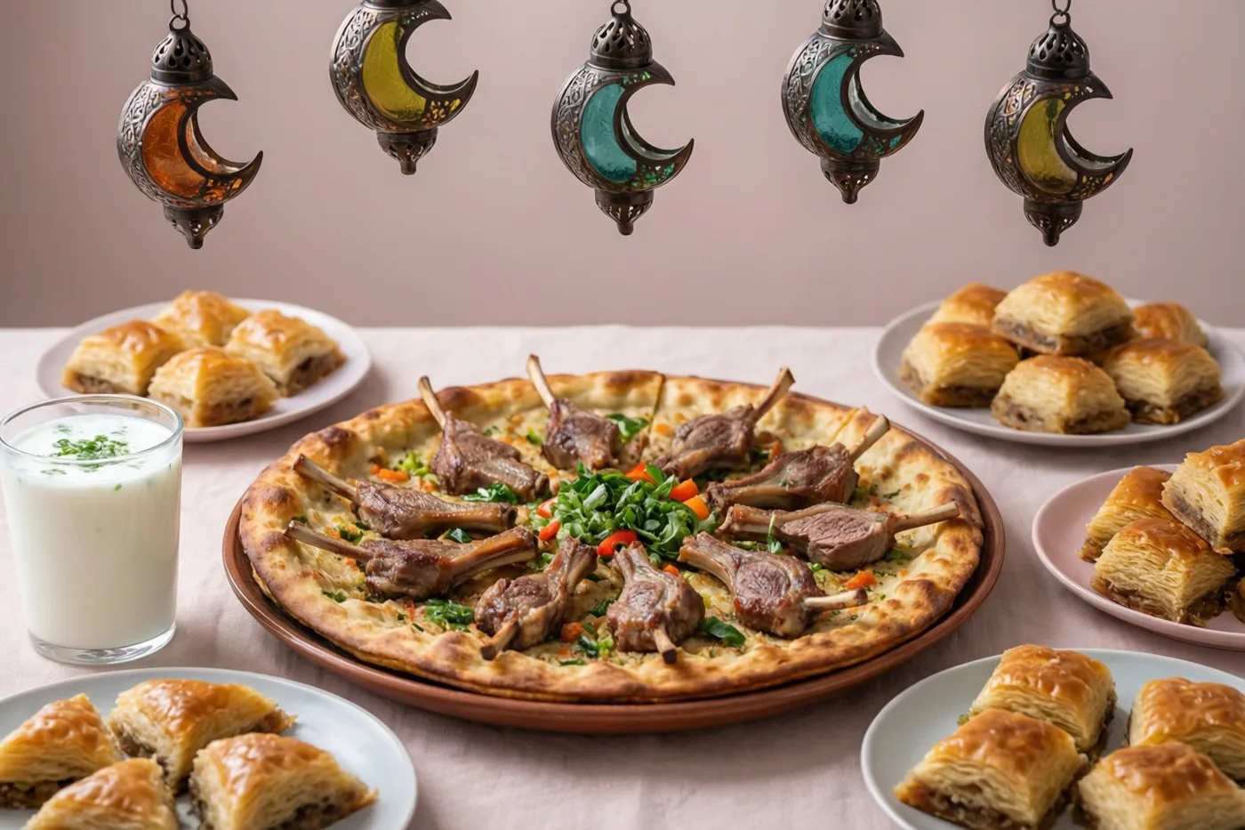 Een grote pide met lamskoteletjes staat op een feesttafel tussen borden baklava en een glas ayran, onder hangende maansikkelvormige lantaarns tegen een zachtroze achtergrond.