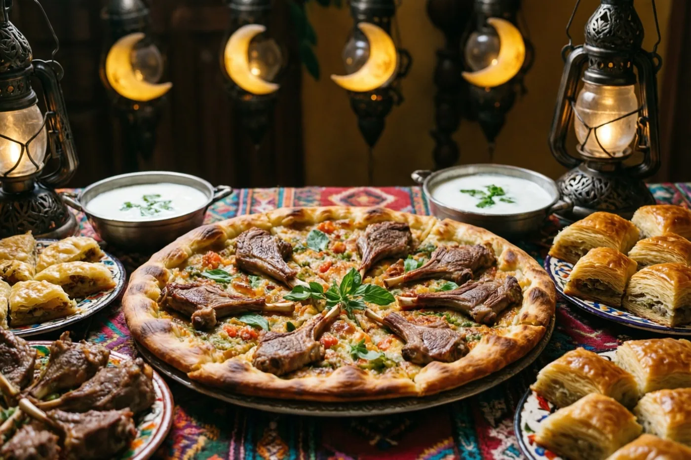 Een grote pide met lamsvlees staat op een feesttafel met borden baklava en kommen ayran, onder hangende maansikkelvormige lantaarns boven een kleurrijk tafelkleed met patronen.