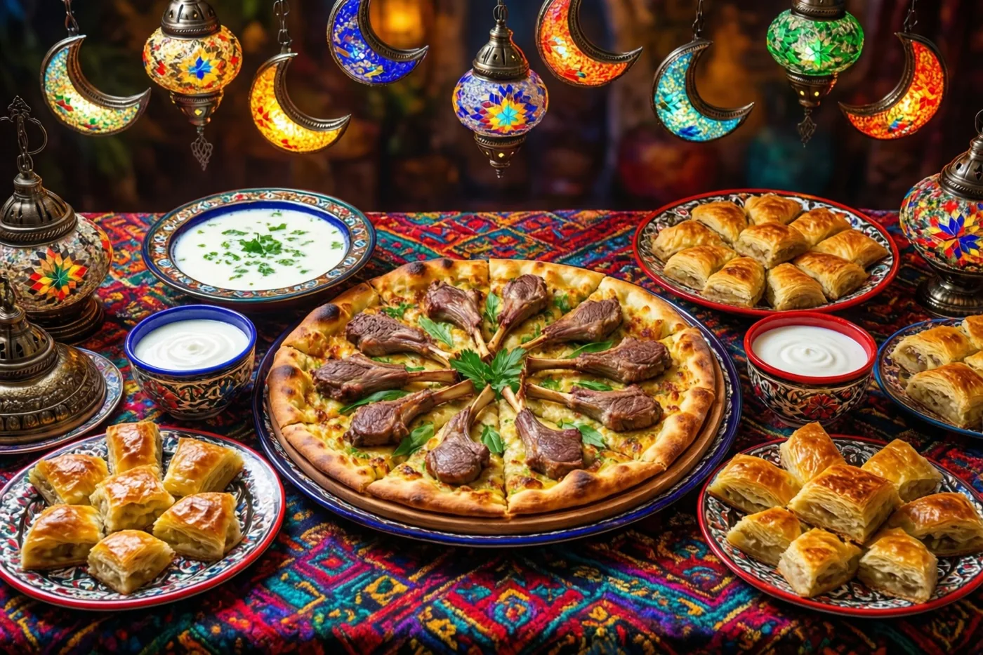 Een pide met lamsvlees staat centraal tussen borden baklava en kommen ayran op een tafelkleed met rijke rode, blauwe en gouden patronen, onder kleurrijke hangende maansikkellantaarns.
