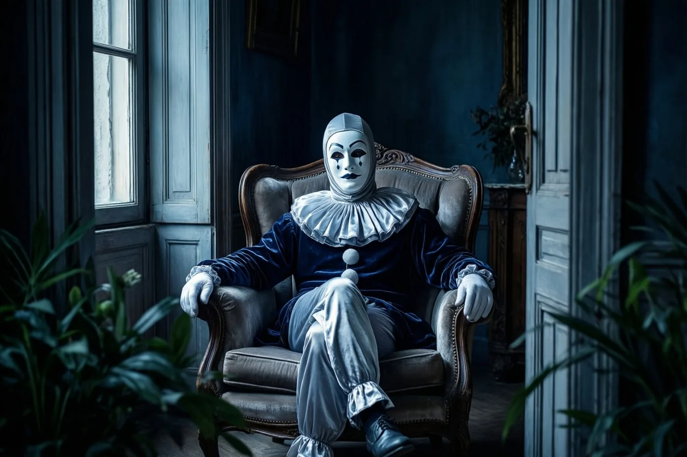 Een persoon in een oud Pierrotkostuum met een wit masker zit in een sierlijke fluwelen fauteuil in een schaars verlichte kamer met diepblauwe en gedempte grijze tinten.