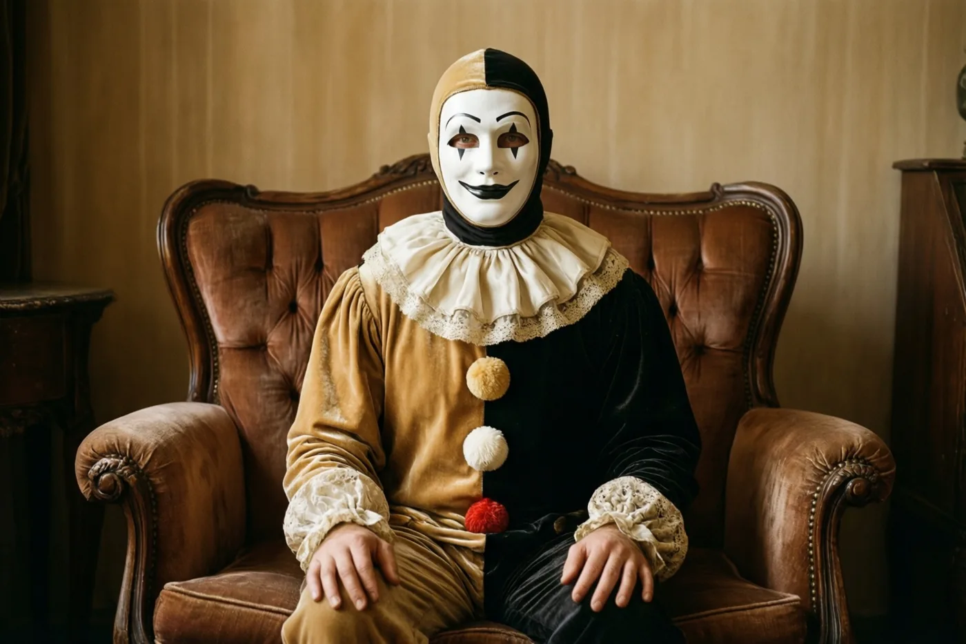 Een persoon in een oud Pierrotkostuum met een wit masker zit midden in een bruine fluwelen fauteuil, in een warm verlichte kamer met beige muren en houten meubels.