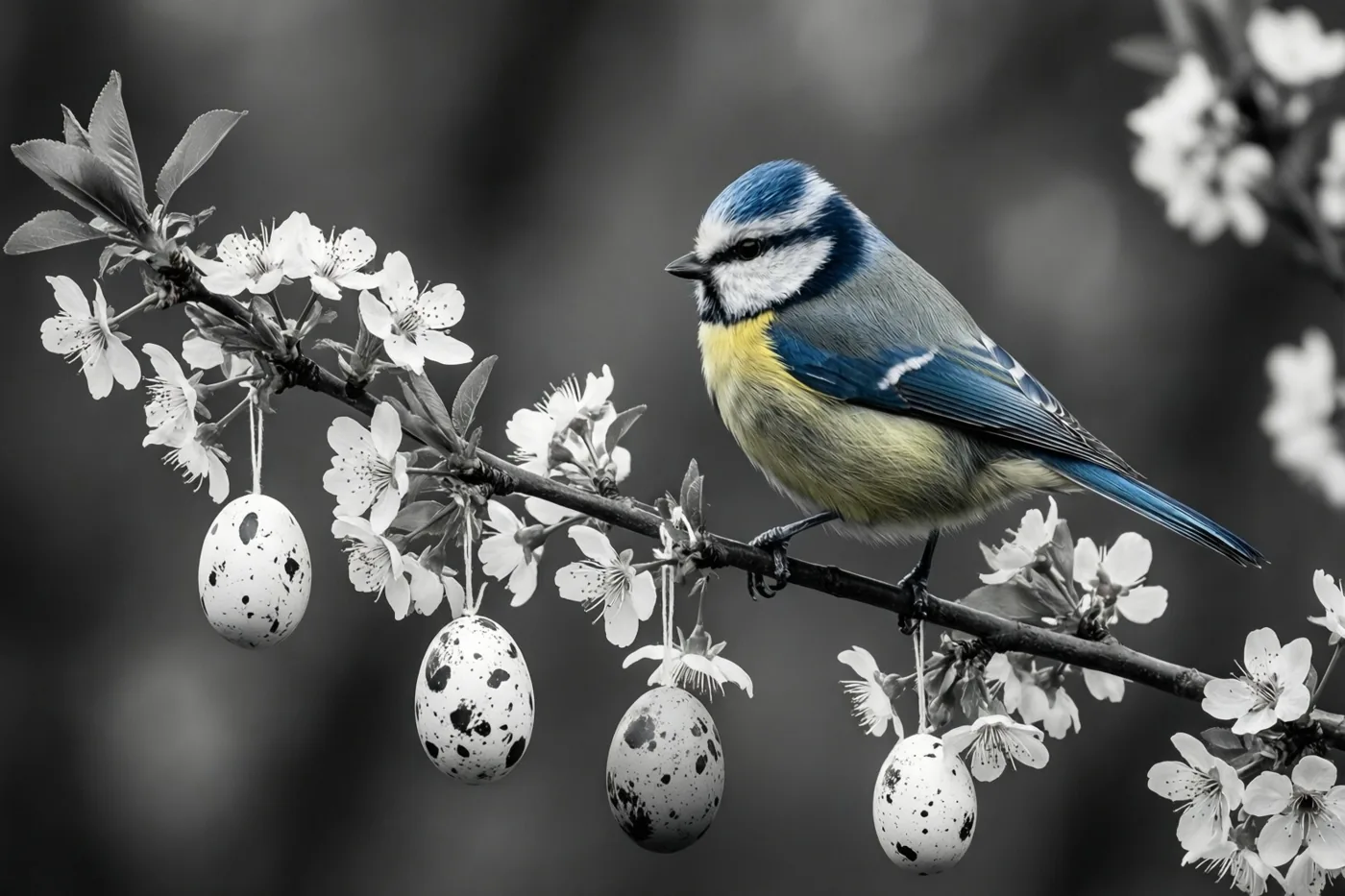 Een pimpelmees met felblauwe en gele veren zit op een tak met witte bloesems en hangende gespikkelde paaseieren, tegen een zwart-witte achtergrond.