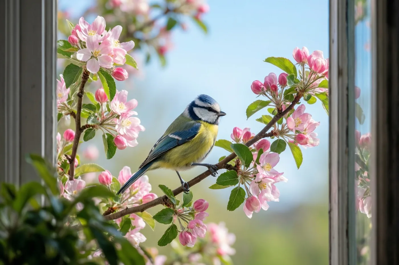 Door een raamkozijn is een pimpelmees op een tak met roze appelbloesems te zien tegen een zachtblauwe lucht.