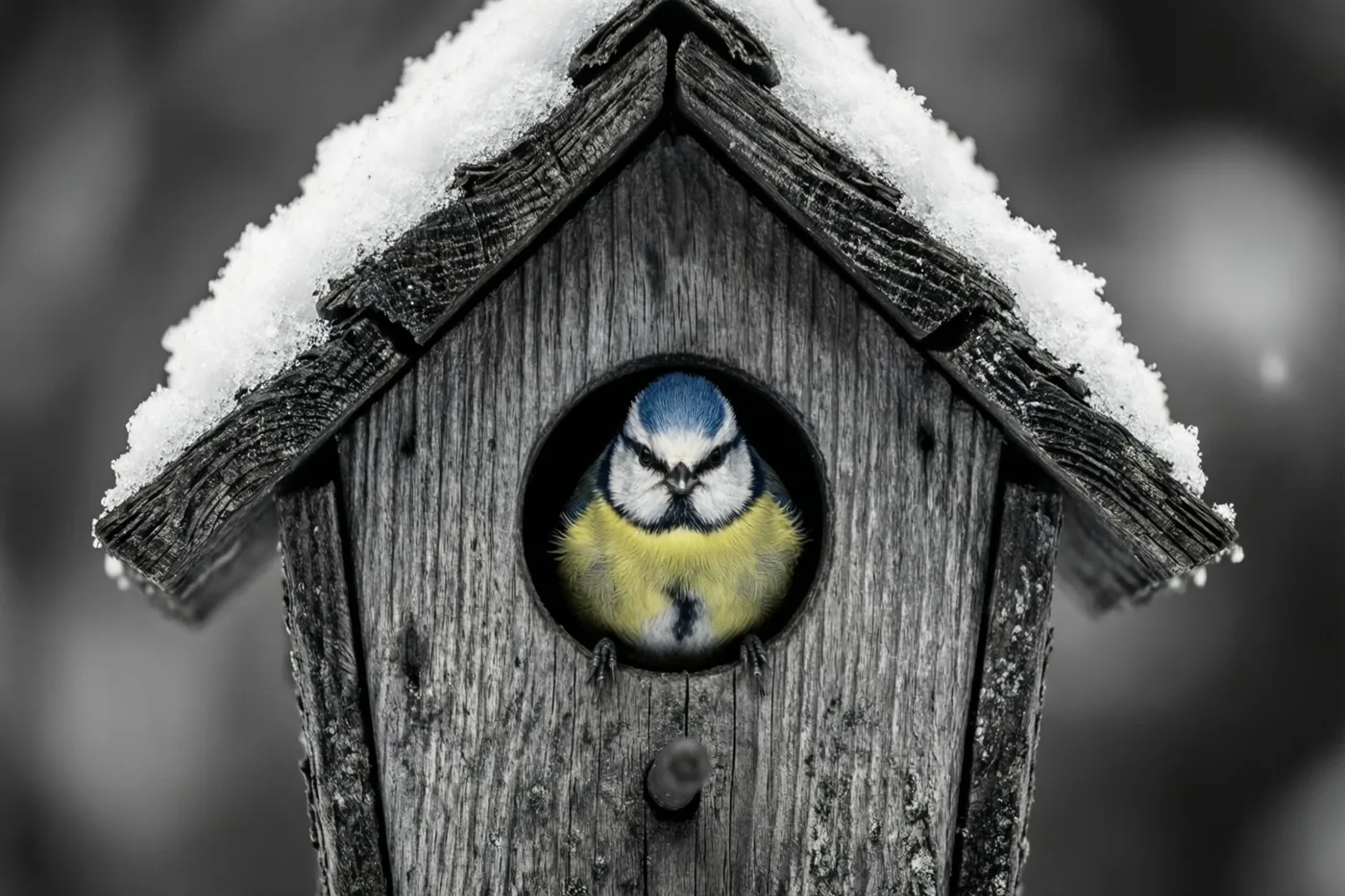 Een pimpelmees met blauwe en gele veren kijkt uit de ronde opening van een verweerd houten vogelhuisje met sneeuw op het dak, tegen een gedempte monochrome achtergrond.