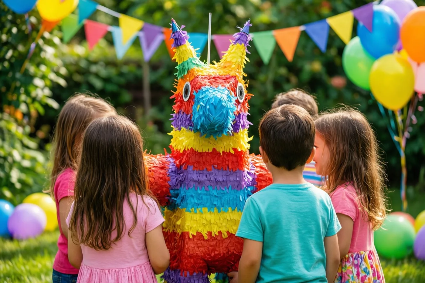 Kinderen, van achteren gezien, verzamelen rond een kleurrijke papieren piñata in een tuin versierd met vlaggetjes en ballonnen.