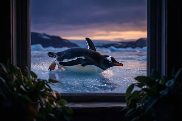 Pinguïn neemt de avondglijbaan