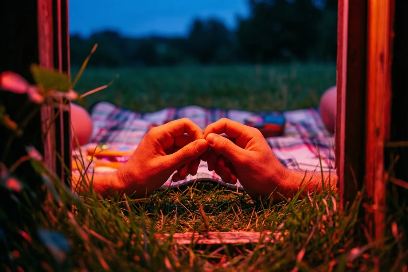 Door een houten kader zijn twee handen met in elkaar gehaakte pinken op een geruit picknickdeken in het gras te zien, in warm oranje licht tegen een blauwe schemerachtergrond.