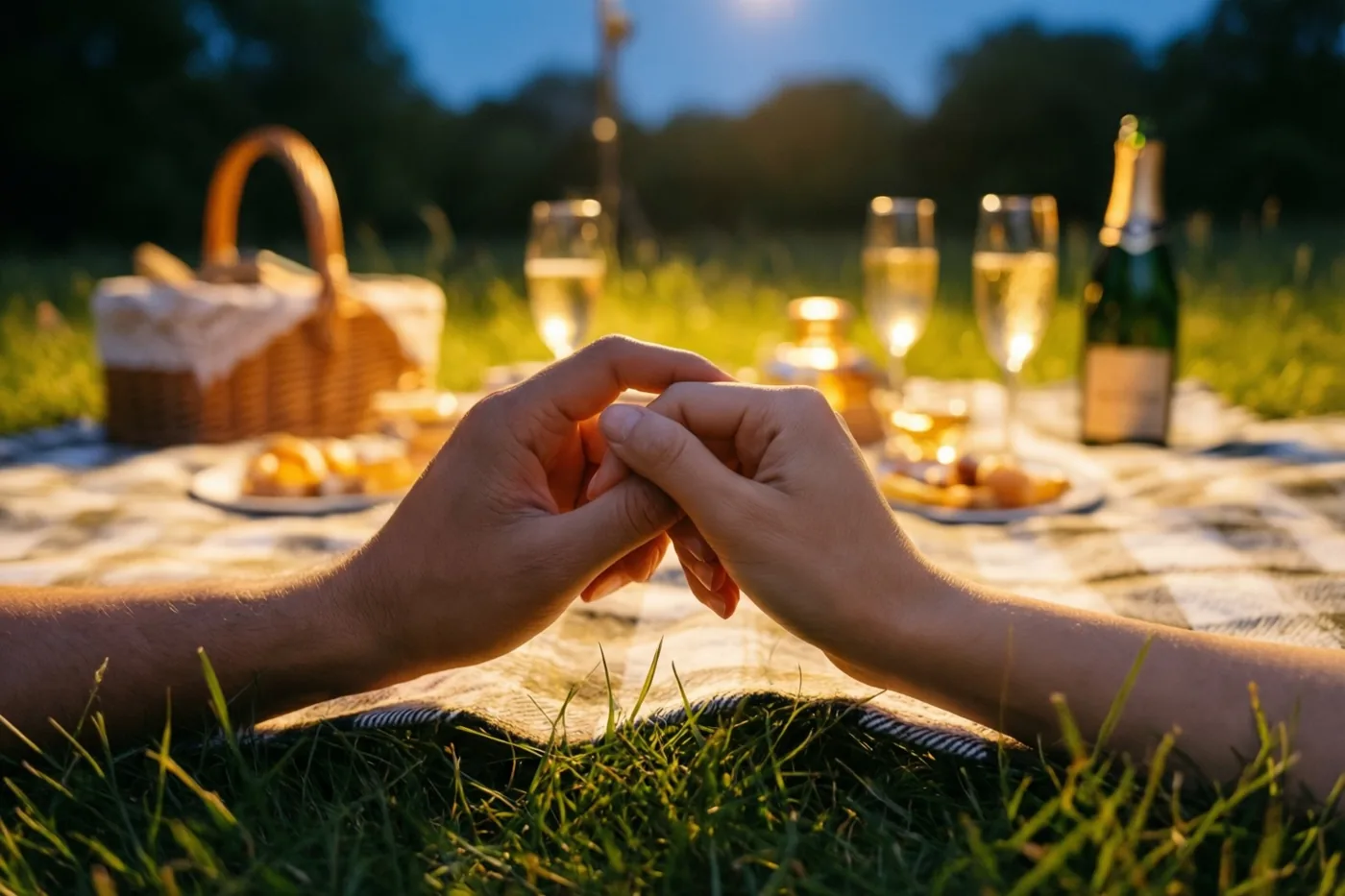 Twee handen met in elkaar gehaakte pinken rusten op een picknickdeken in het gras, met een picknickmand, champagneglazen en een fles erachter in warm licht onder een blauwe schemerlucht.