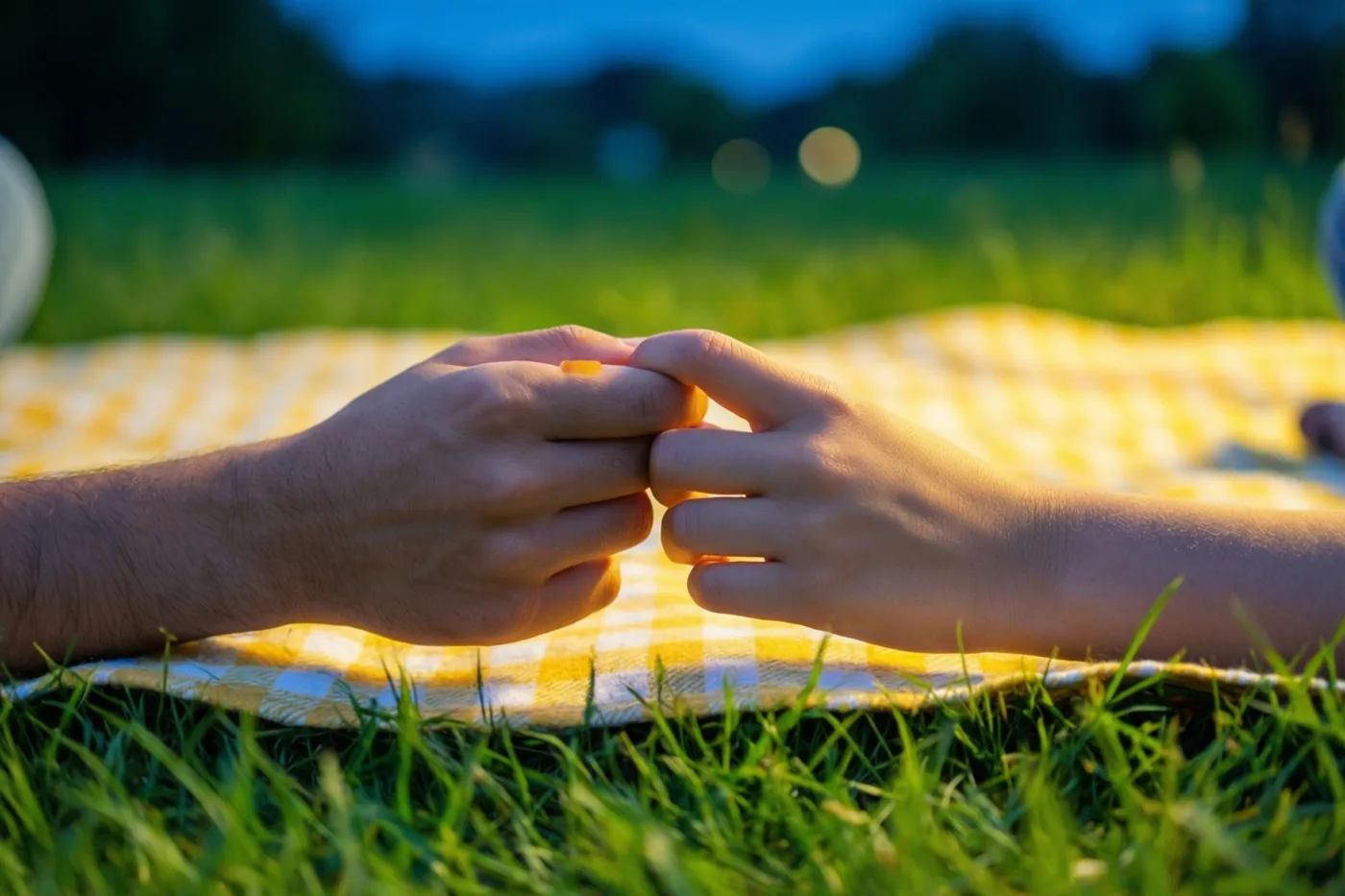 Twee handen met in elkaar gehaakte pinken rusten op een geel-wit geruit picknickdeken in groen gras, in warm licht voor een wazige blauwe avondlucht.