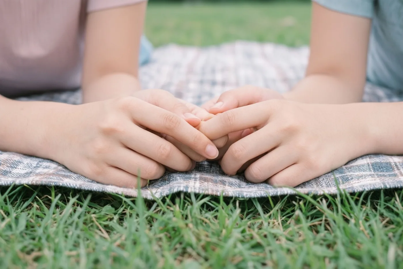 Twee handen met in elkaar gehaakte pinken liggen op een geruit picknickdeken in groen gras bij zacht daglicht.