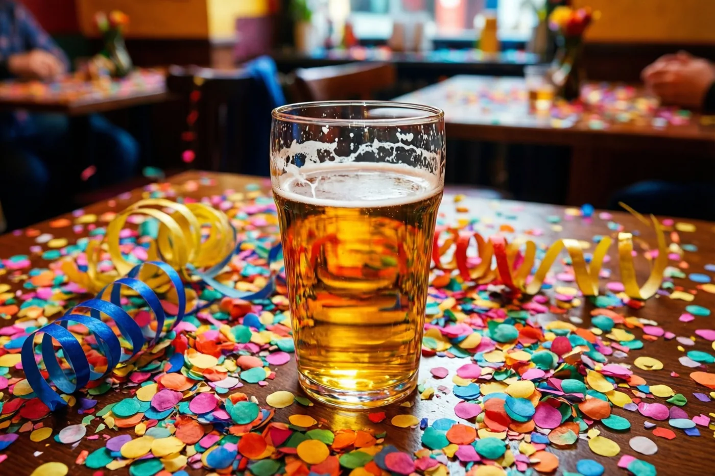 Een glas bier staat op een houten cafétafel met kleurrijke confetti en slingers, met onscherpe tafels in warm licht op de achtergrond.