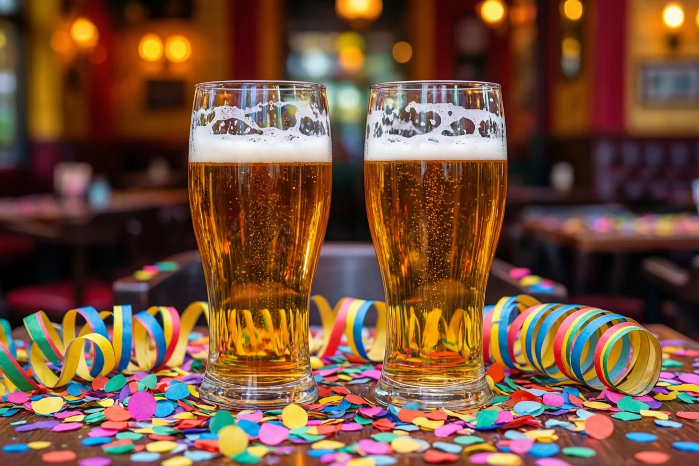 Twee hoge glazen goudgeel bier met wit schuim staan op een houten tafel met kleurrijke confetti en slingers in een warm verlicht café met onscherpe tafels en stoelen op de achtergrond.