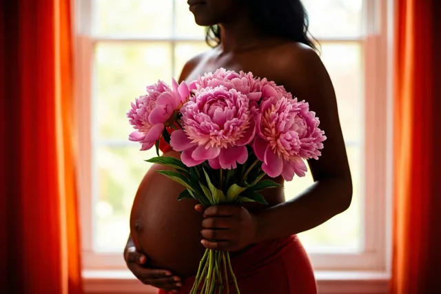 Het silhouet van een zwangere vrouw met roze pioenen tegen haar buik staat bij een helder raam tussen rode gordijnen in warm daglicht.