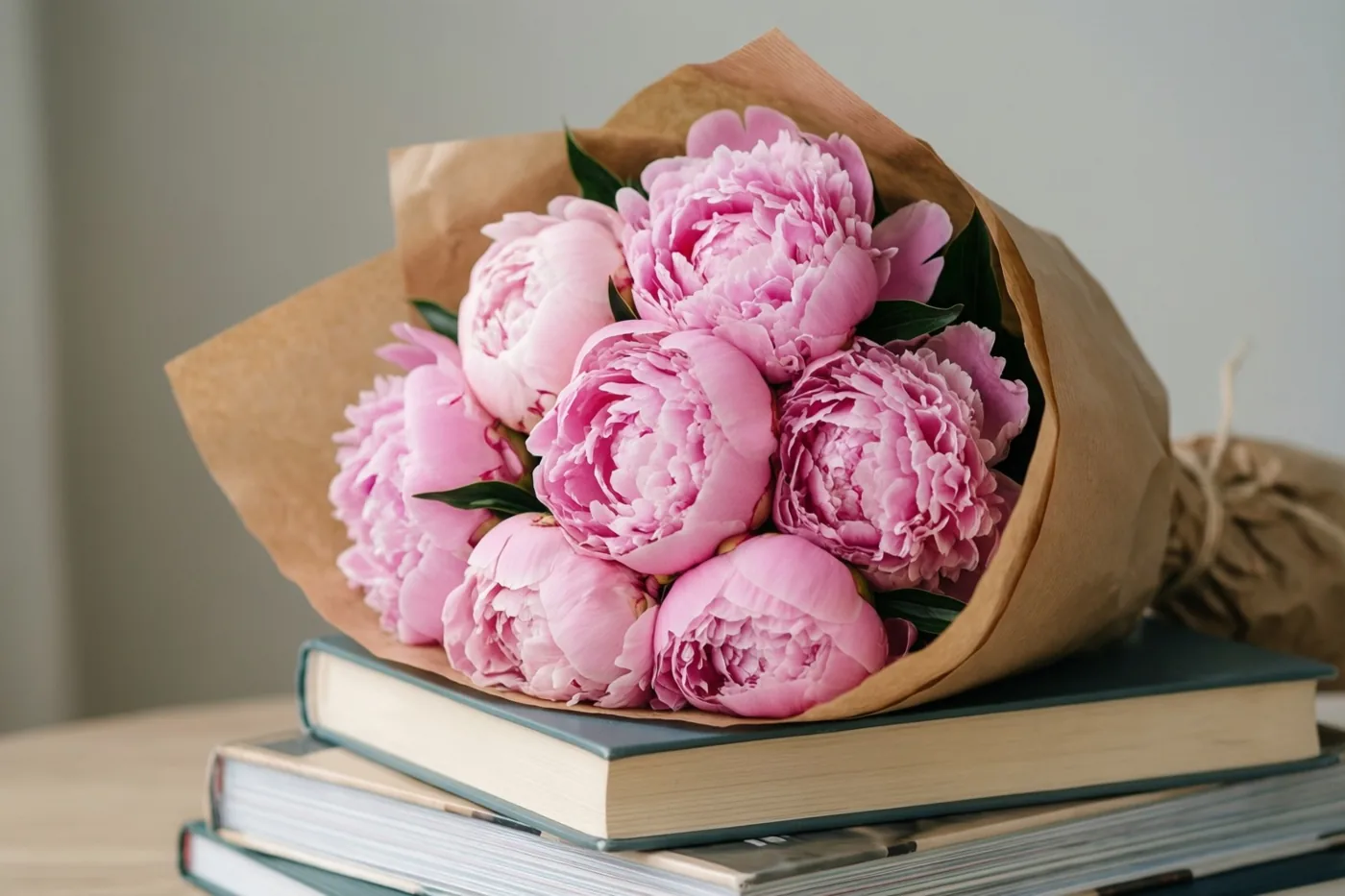 Een boeket roze pioenen in bruin kraftpapier ligt op een stapel schriften op een licht houten oppervlak, tegen een effen achtergrond.