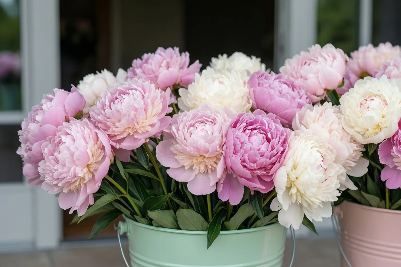 Roze en witte pioenen staan in pastelgroene en roze emmers bij de ingang van een woning.