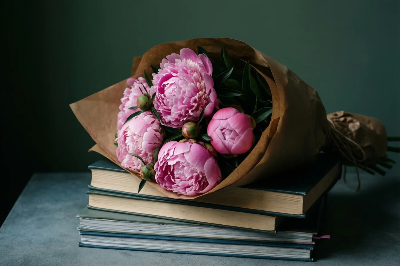 Een boeket roze pioenen in bruin kraftpapier ligt op een stapel schriften tegen een donkergroene achtergrond, in zacht licht.