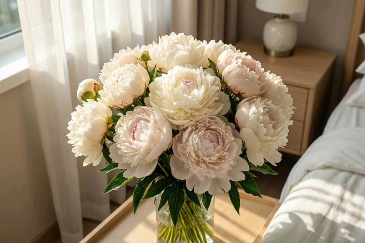 Een boeket witte en lichtroze pioenen staat in een doorzichtige glazen vaas op een houten nachtkastje in ochtendlicht dat door doorschijnende gordijnen valt.
