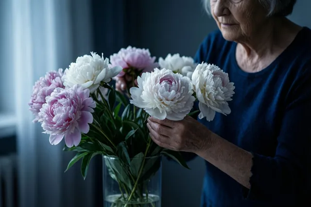 Een oudere vrouw met grijs haar schikt roze en witte pioenen in een heldere glazen vaas in een zacht verlichte kamer met blauwe gordijnen.