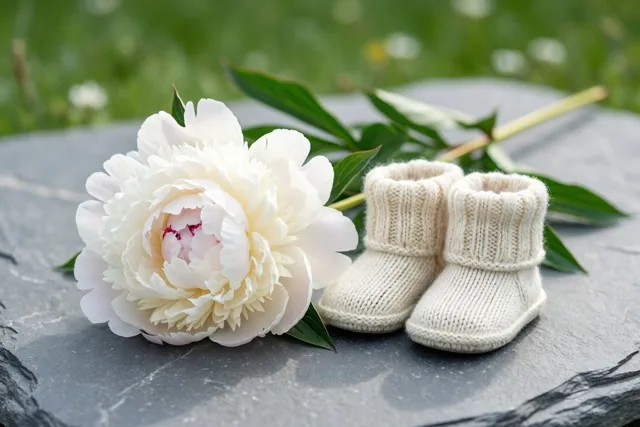 Een witte pioenroos en ivoorkleurige gebreide babyslofjes liggen op grijze leisteen, met wazig groen gras op de achtergrond.