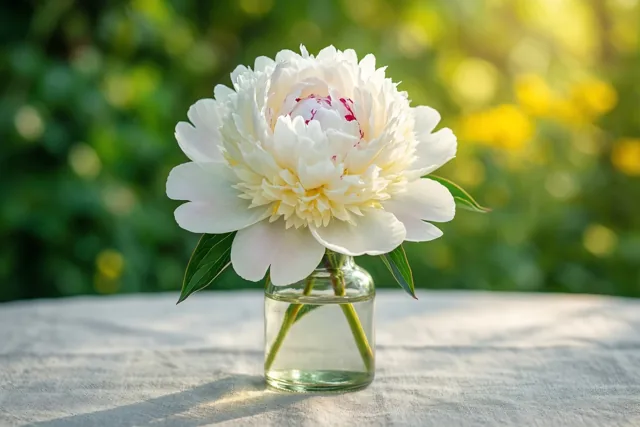Een witte pioenroos met roze tekening staat in een glazen fles met water op lichtgrijs linnen, voor een onscherpe groene achtergrond met gele tinten.
