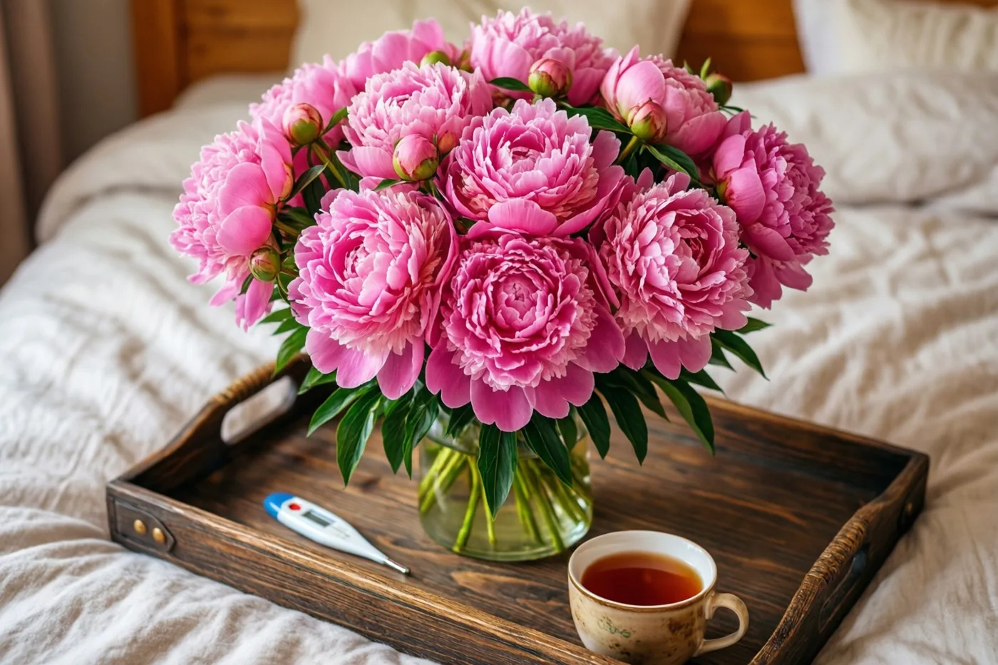 Roze pioenrozen in een glazen vaas staan met een kop thee en een digitale thermometer op een houten dienblad op een verkreukeld beige dekbed.