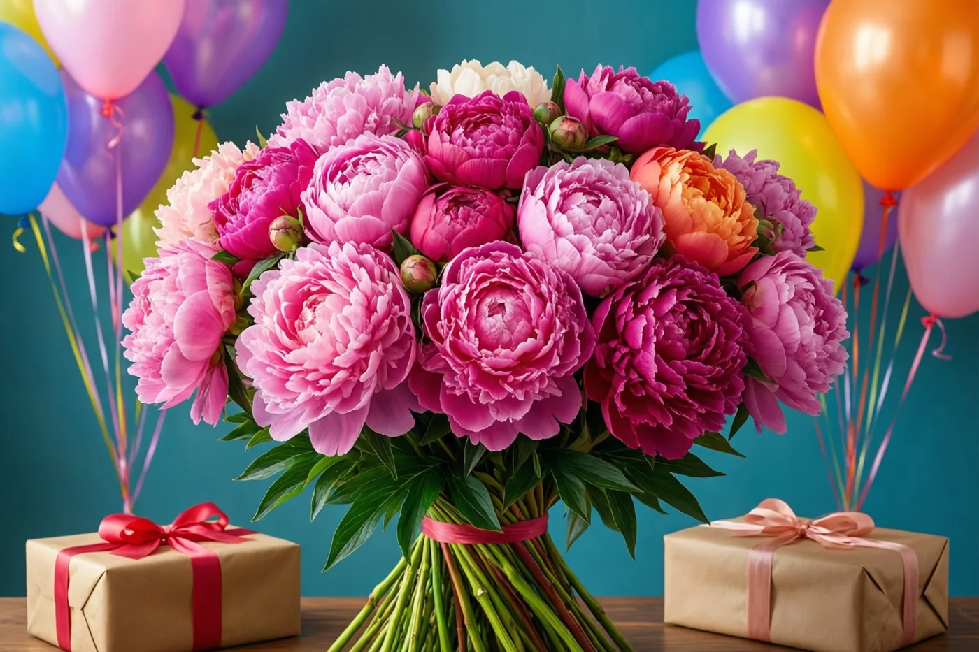 Een groot boeket roze en magenta pioenrozen met een roze lint staat tussen kleurrijke ballonnen en twee ingepakte cadeaus op een houten oppervlak tegen een blauwgroene achtergrond.