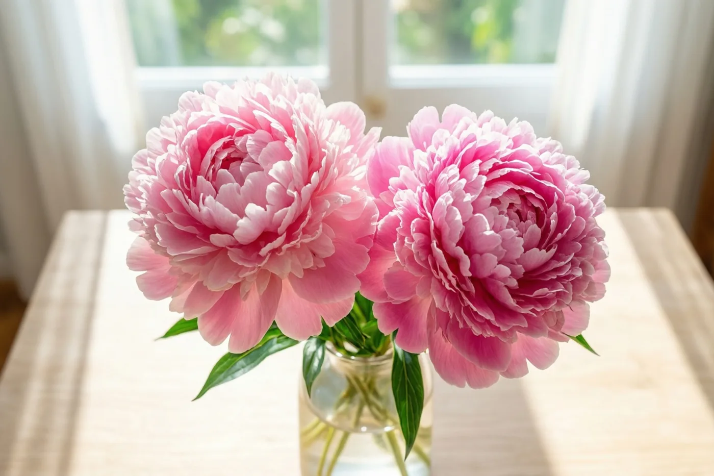 Twee grote roze pioenrozen met overlappende bloemblaadjes staan in een doorzichtige glazen vaas op een licht houten tafel, met zacht zonlicht door een raam op de achtergrond.