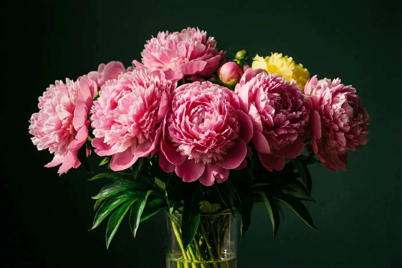 Roze pioenrozen in volle bloei met diepgroene bladeren staan in een doorzichtige glazen vaas tegen een donkergroene achtergrond, in zacht licht.