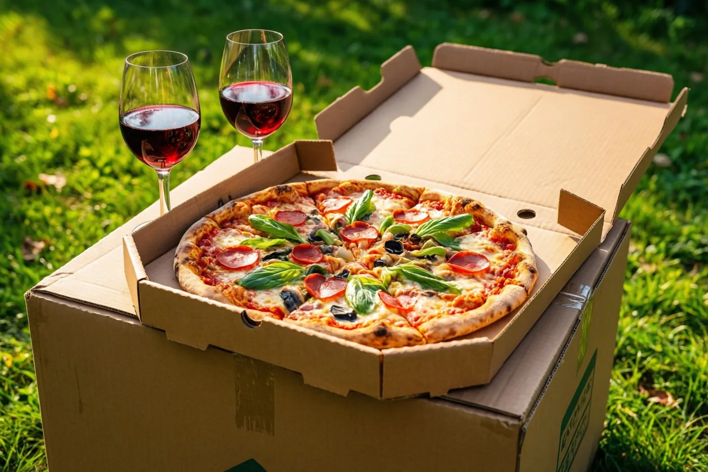 Een open doos met een pizza met pepperoni en basilicum staat op een verhuisdoos in het gras, naast twee glazen rode wijn in de zon.