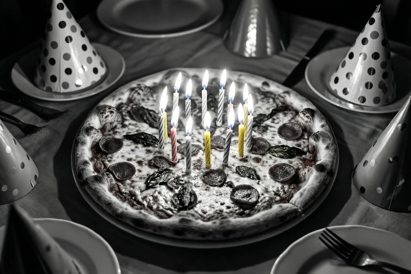 Een pizza met brandende kaarsjes staat op een tafel tussen feesthoedjes, in een zwart-witbeeld waarin alleen de kaarsvlammen kleur hebben.