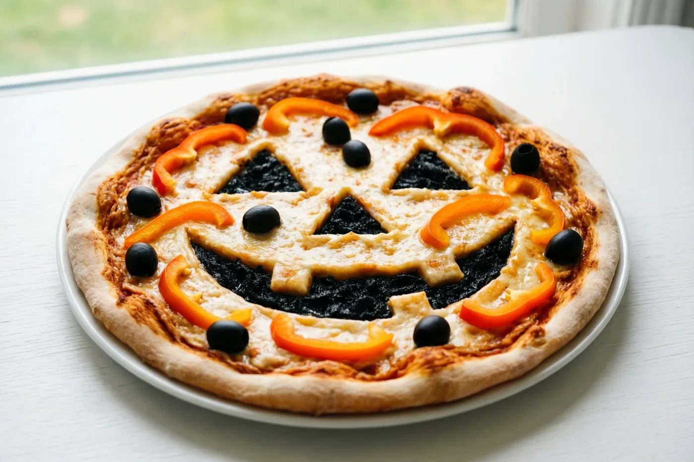Een ronde pizza met een grijnzend pompoengezicht van zwarte olijven en oranje paprikareepjes ligt op een wit bord op een witte tafel met een raam op de achtergrond.