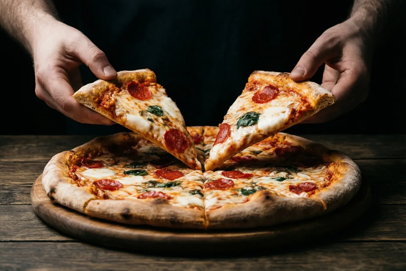 Twee handen nemen stukken van een pizza met pepperoni en basilicum op een houten plank op een donkere houten tafel.