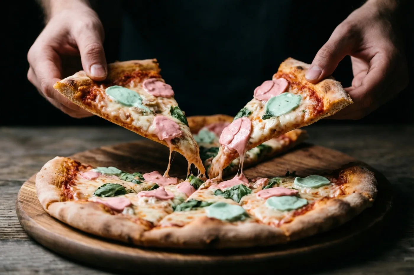 Twee handen tillen stukken pizza met roze en groene toppings van een houten plank, met draden gesmolten kaas ertussen.