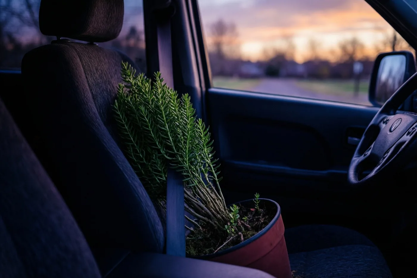 Een kamerplant in een pot staat met een gordel vast op de passagiersstoel van een verhuiswagen, met warm licht van de zonsondergang door het raam.