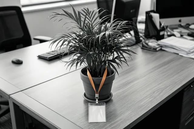 Een plant met lange bladeren staat op een modern bureau met een oranje halslint en een lege kaarthouder rond de pot, in een verder zwart-wit beeld.