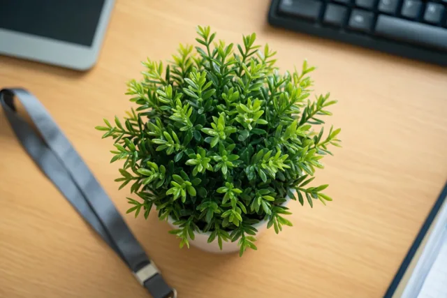 Een kleine groene potplant staat op een licht houten bureau naast een grijs halslint zonder opschrift, een toetsenbord en een tablet.