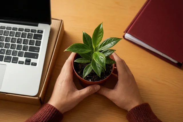 Twee handen houden een kleine potplant boven een houten bureau naast een open laptop die nog in zijn kartonnen doos zit, met een donkerrode mouw in beeld.