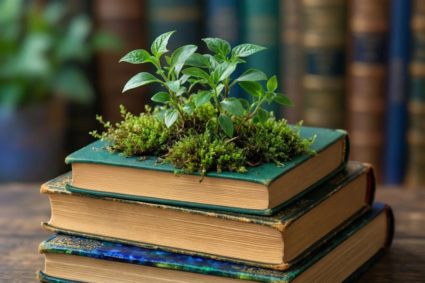 Een groen plantje groeit uit het bovenste van drie oude boeken, met onscherpe boekenrekken op de achtergrond.