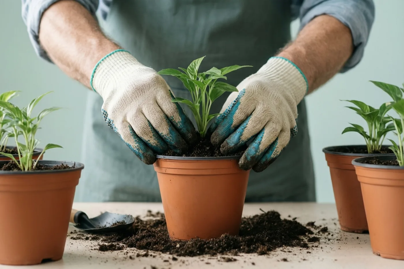 Iemand met tuinhandschoenen zet een klein groen plantje in een terracotta pot op een witte tafel met potplanten en losse aarde, tegen een lichtgroene muur.