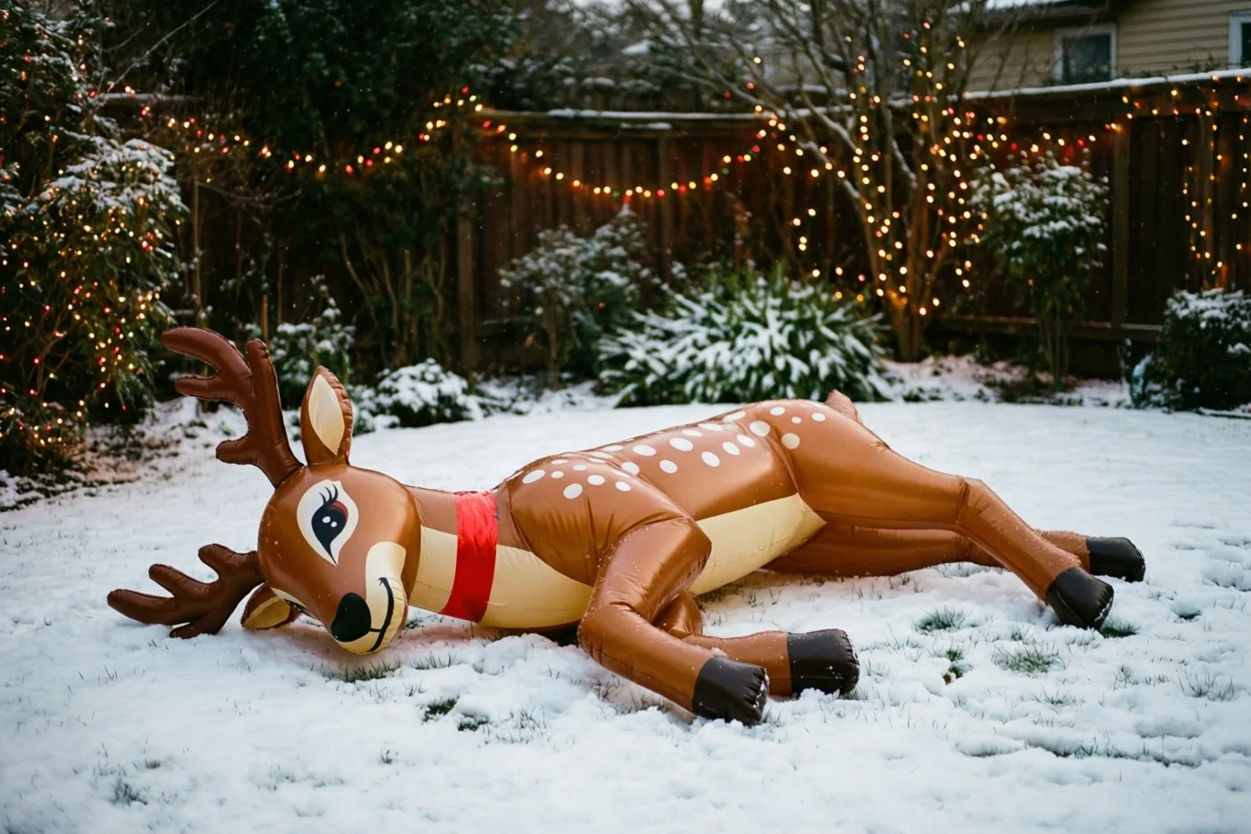 Een ingezakt opblaasrendier ligt in de sneeuw tussen besneeuwde struiken en feestelijke lichtslingers, met een houten omheining en bomen op de achtergrond.