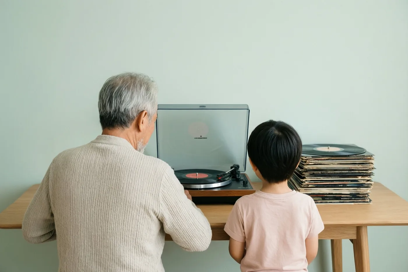 Een oudere man en een jong kind zitten met hun rug naar de kijker aan een houten tafel naar een platenspeler te luisteren, met platen ernaast en een lichtgroene muur erachter.