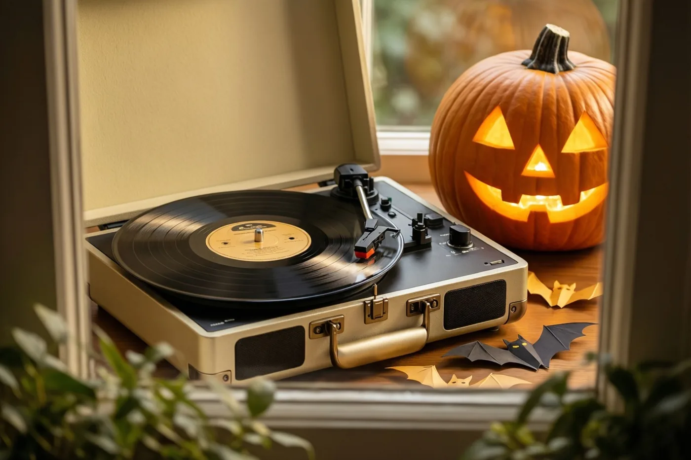Een oude draagbare platenspeler met een draaiende vinylplaat staat naast een verlichte uitgesneden pompoen op een vensterbank met papieren vleermuizen, omgeven door het raamkozijn en groen.