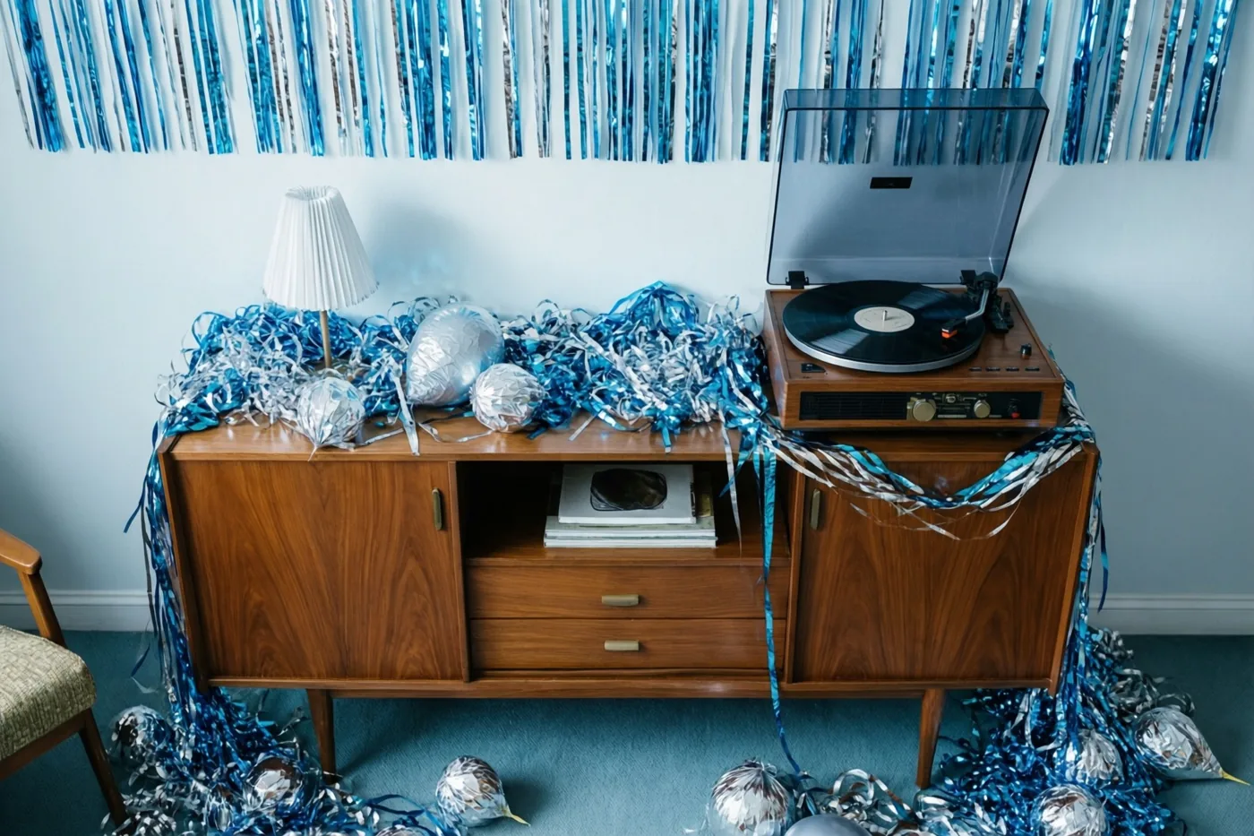 Een vintageplatenspeler draait een plaat op een teakhouten dressoir met blauwe en zilveren slingers en folieballonnen in een woonkamer met een blauwe muur en blauw tapijt.
