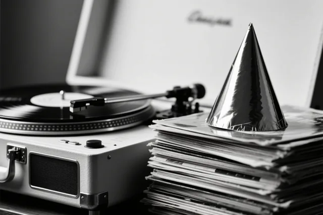 Een oude platenspeler staat naast een stapel vinylplaten en een feesthoedje tegen een effen achtergrond in een zwart-witfoto.