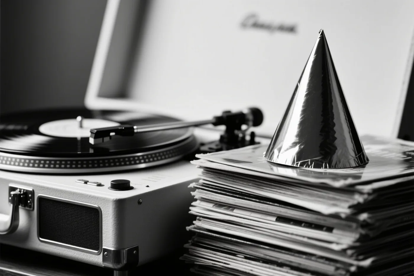 Een oude platenspeler staat naast een stapel vinylplaten en een feesthoedje tegen een effen achtergrond in een zwart-witfoto.