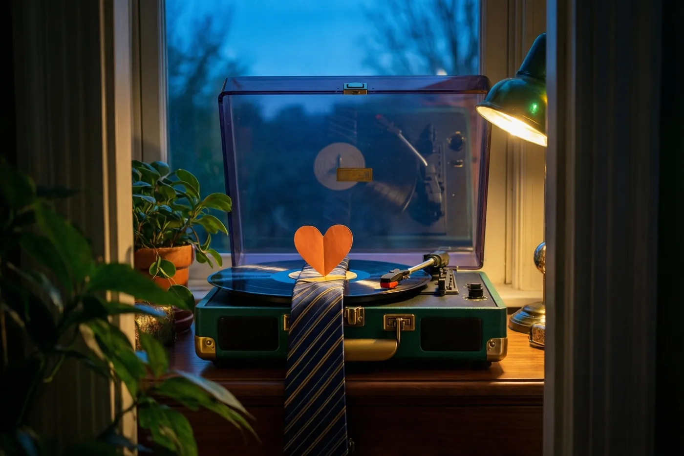 Een retroplatenspeler staat op een houten vensterbank bij een warme lamp, met een blauwgestreepte das en een papieren hart op het deksel, potplanten ernaast en een schemerblauw uitzicht.